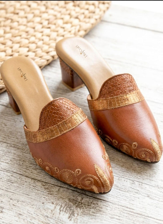 Embroidered Leather Block Heels sandal
