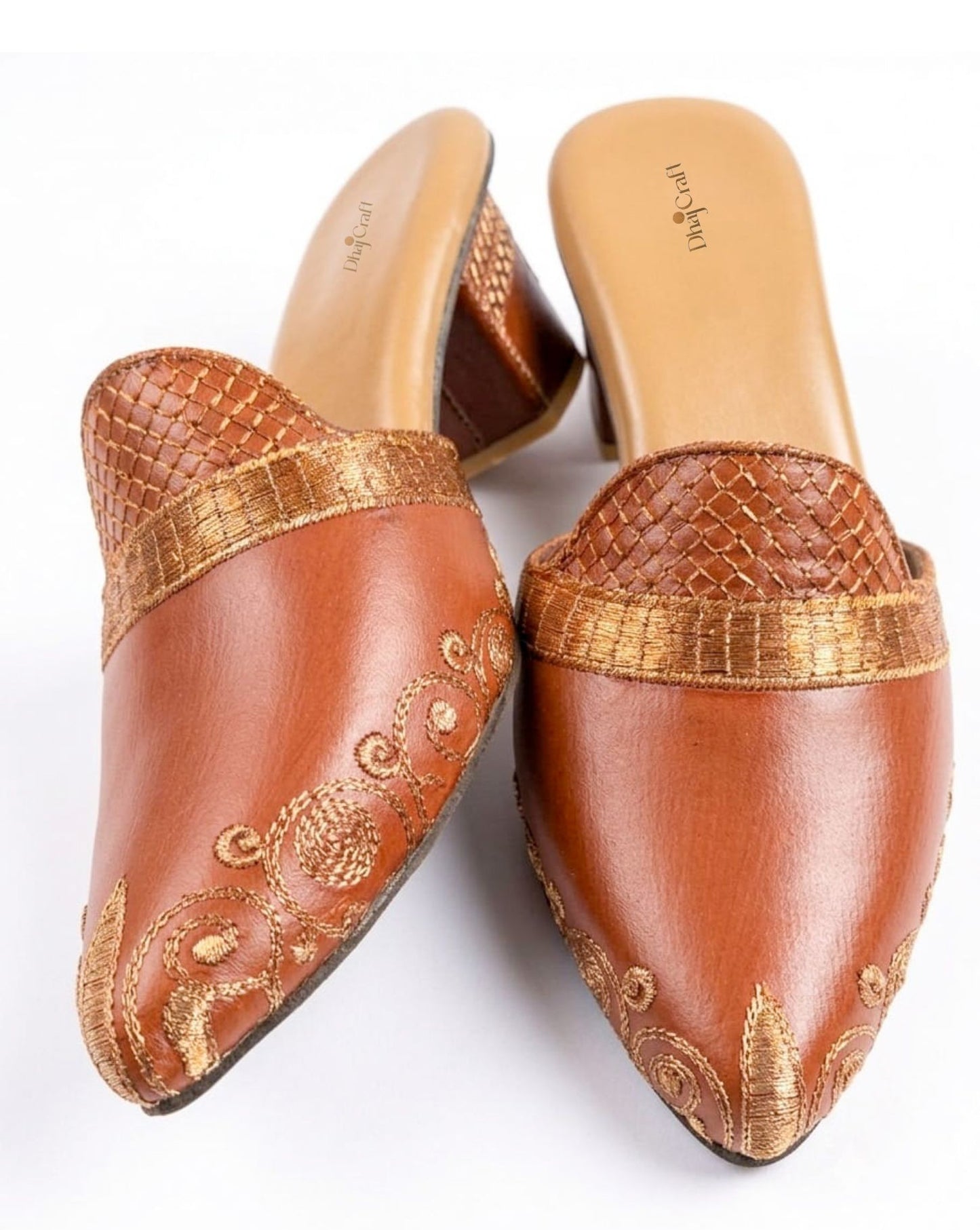 Embroidered Leather Block Heel