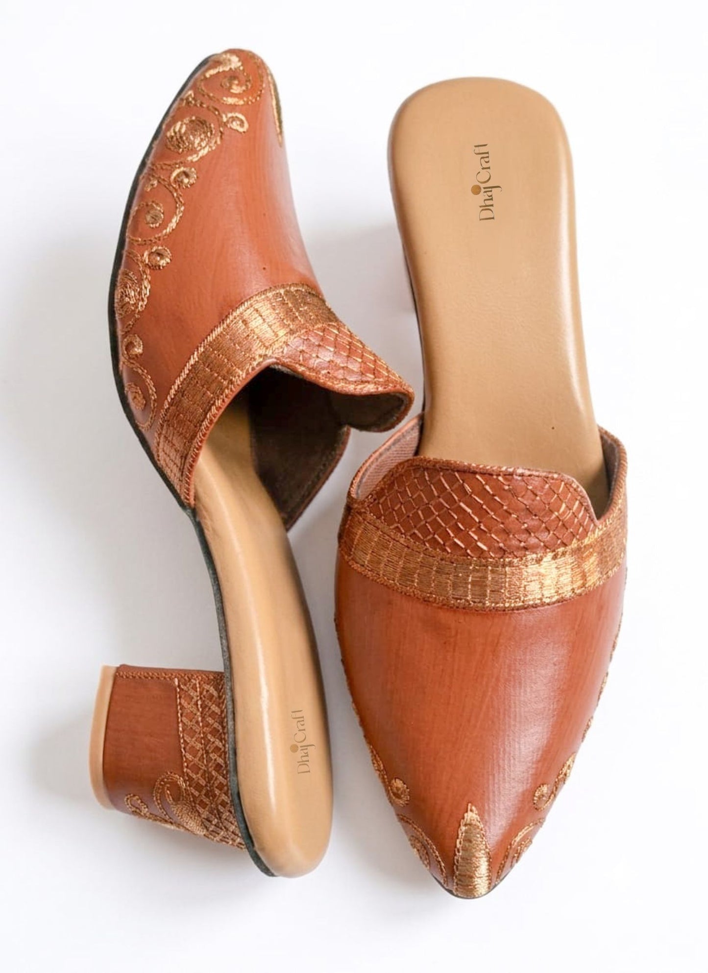 Embroidered Leather Block Heel
