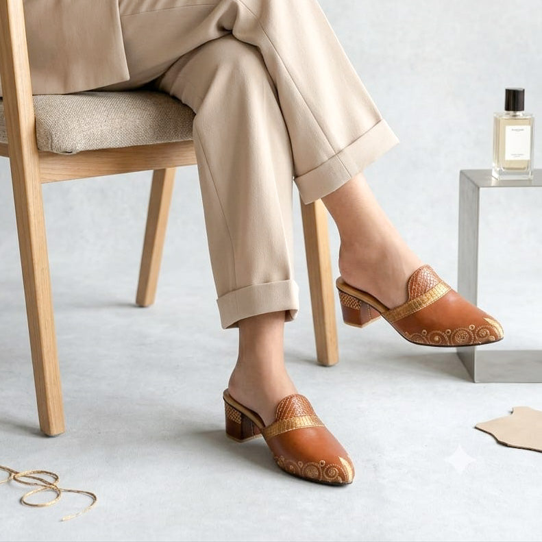 Embroidered Leather Block Heel