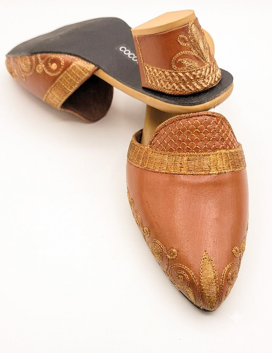 Embroidered Leather Block Heel