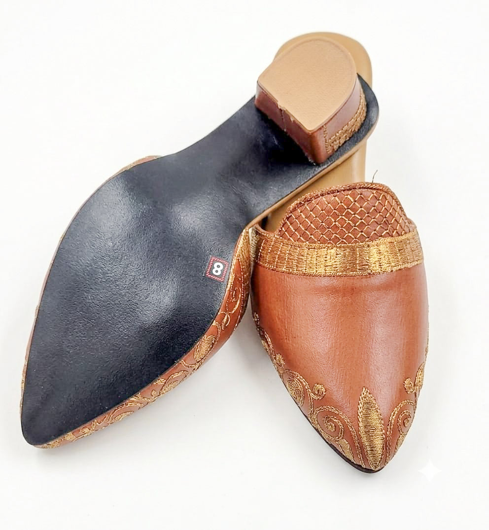 Embroidered Leather Block Heel