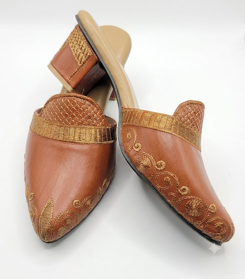 Embroidered Leather Block Heel