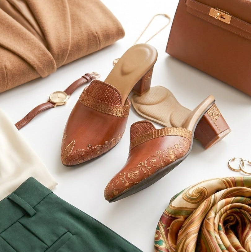 Embroidered Leather Block Heel