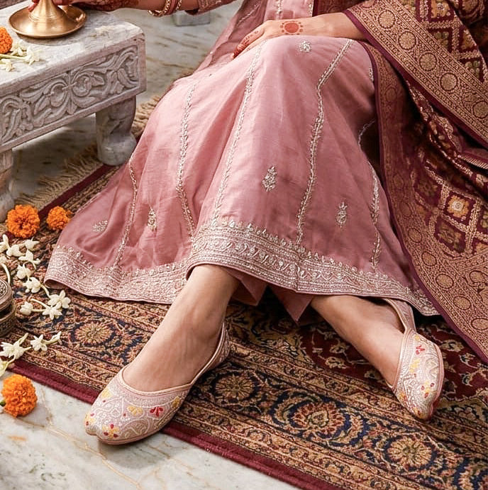 Peach embroidered wedding jutti